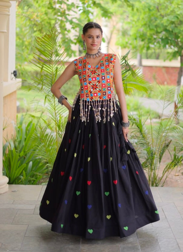 Black Pure Kora Cotton Multi Thread Gotta Patti Mirror Work Navratri Lehenga Choli
