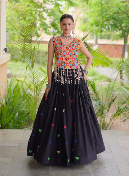 Black Pure Kora Cotton Multi Thread Gotta Patti Mirror Work Navratri Lehenga Choli