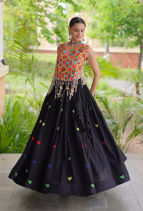Black Pure Kora Cotton Multi Thread Gotta Patti Mirror Work Navratri Lehenga Choli