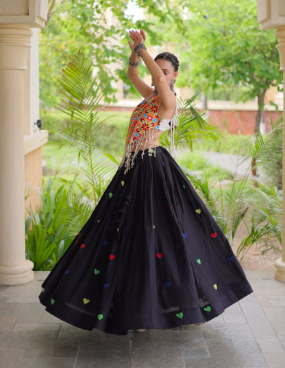 Black Pure Kora Cotton Multi Thread Gotta Patti Mirror Work Navratri Lehenga Choli