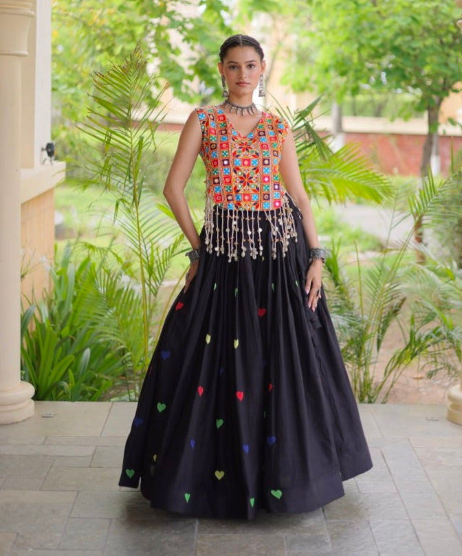 Black Pure Kora Cotton Multi Thread Gotta Patti Mirror Work Navratri Lehenga Choli