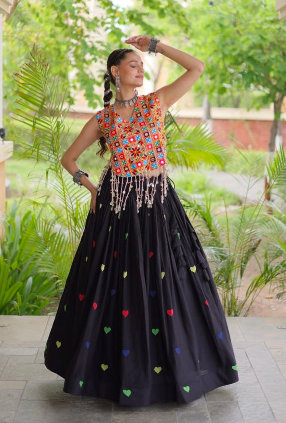 Black Pure Kora Cotton Multi Thread Gotta Patti Mirror Work Navratri Lehenga Choli