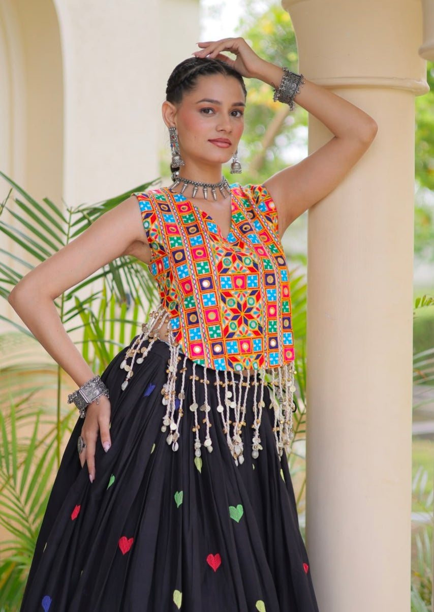 Black Pure Kora Cotton Multi Thread Gotta Patti Mirror Work Navratri Lehenga Choli