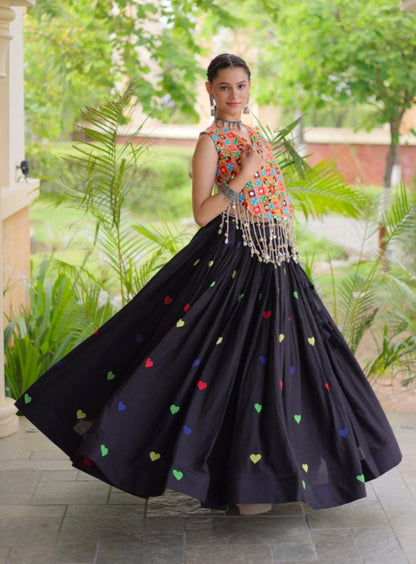 Black Pure Kora Cotton Multi Thread Gotta Patti Mirror Work Navratri Lehenga Choli