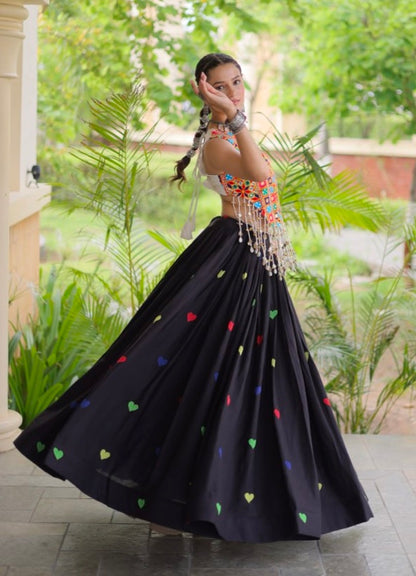 Black Pure Kora Cotton Multi Thread Gotta Patti Mirror Work Navratri Lehenga Choli