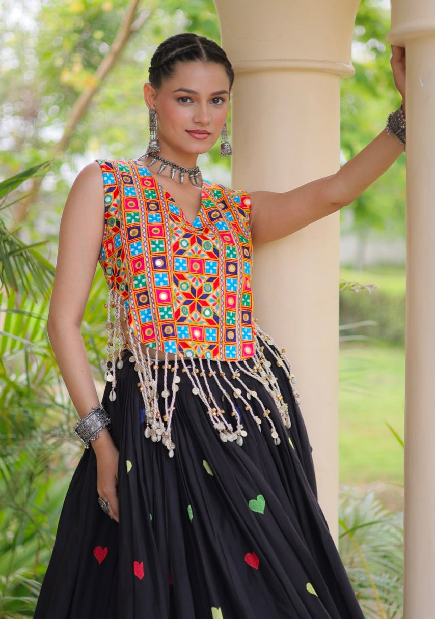Black Pure Kora Cotton Multi Thread Gotta Patti Mirror Work Navratri Lehenga Choli