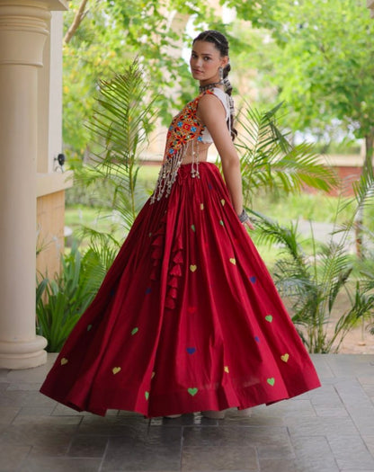 Red Pure Kora Cotton Multi Thread Gotta Patti Mirror Work Navratri Lehenga Choli