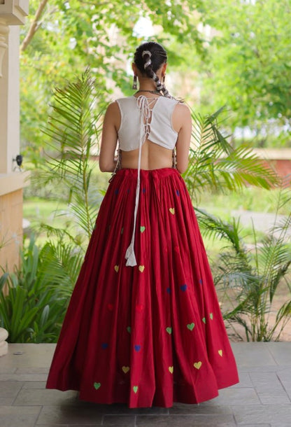 Red Pure Kora Cotton Multi Thread Gotta Patti Mirror Work Navratri Lehenga Choli