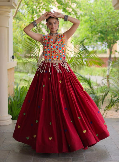 Red Pure Kora Cotton Multi Thread Gotta Patti Mirror Work Navratri Lehenga Choli