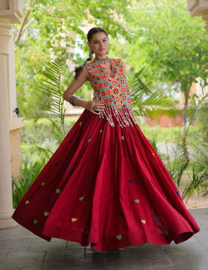 Red Pure Kora Cotton Multi Thread Gotta Patti Mirror Work Navratri Lehenga Choli