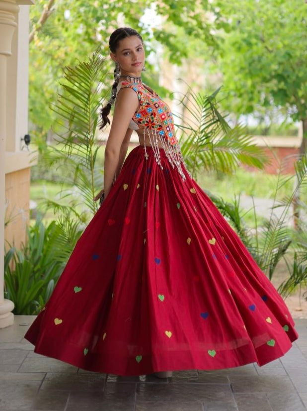 Red Pure Kora Cotton Multi Thread Gotta Patti Mirror Work Navratri Lehenga Choli
