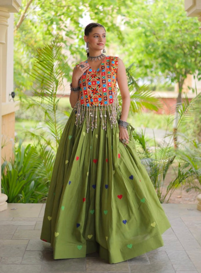 Green Pure Kora Cotton Multi Thread Gotta Patti Mirror Work Navratri Lehenga Choli