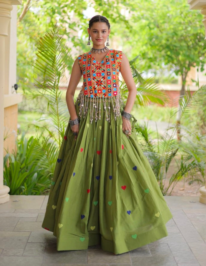Green Pure Kora Cotton Multi Thread Gotta Patti Mirror Work Navratri Lehenga Choli
