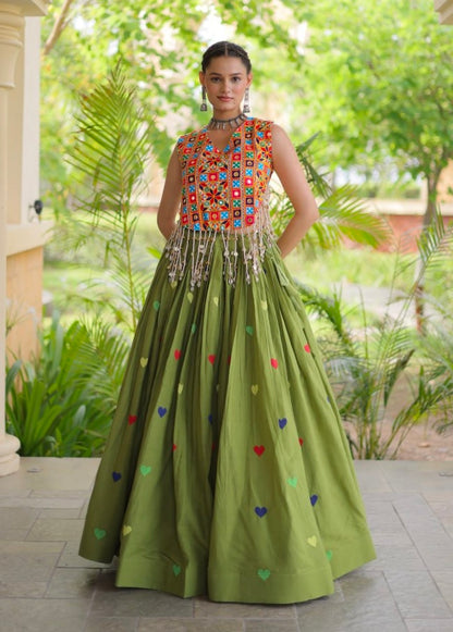 Green Pure Kora Cotton Multi Thread Gotta Patti Mirror Work Navratri Lehenga Choli