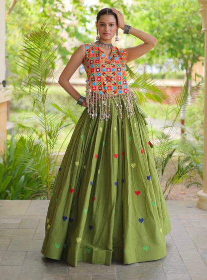 Green Pure Kora Cotton Multi Thread Gotta Patti Mirror Work Navratri Lehenga Choli