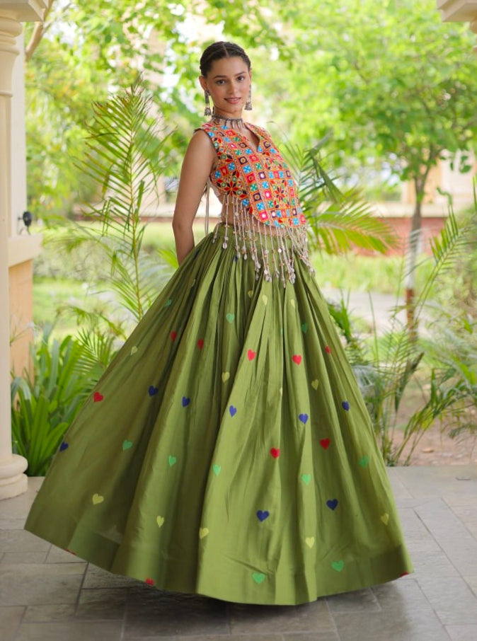 Green Pure Kora Cotton Multi Thread Gotta Patti Mirror Work Navratri Lehenga Choli