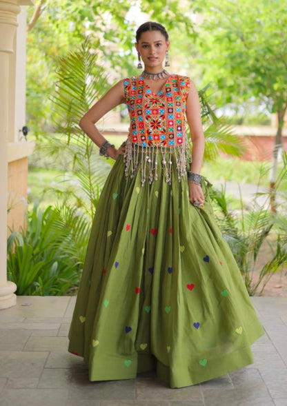 Green Pure Kora Cotton Multi Thread Gotta Patti Mirror Work Navratri Lehenga Choli