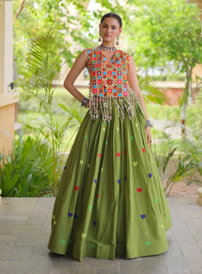 Green Pure Kora Cotton Multi Thread Gotta Patti Mirror Work Navratri Lehenga Choli