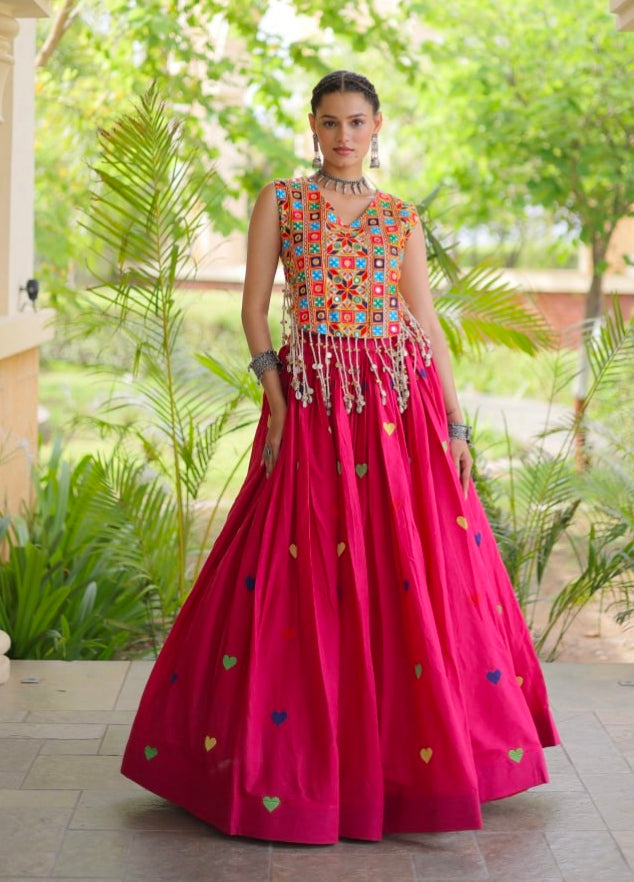 Pink Pure Kora Cotton Multi Thread Gotta Patti Mirror Work Navratri Lehenga Choli