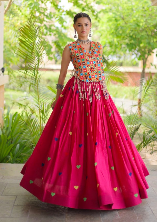 Pink Pure Kora Cotton Multi Thread Gotta Patti Mirror Work Navratri Lehenga Choli