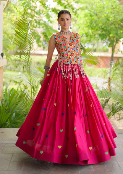 Pink Pure Kora Cotton Multi Thread Gotta Patti Mirror Work Navratri Lehenga Choli