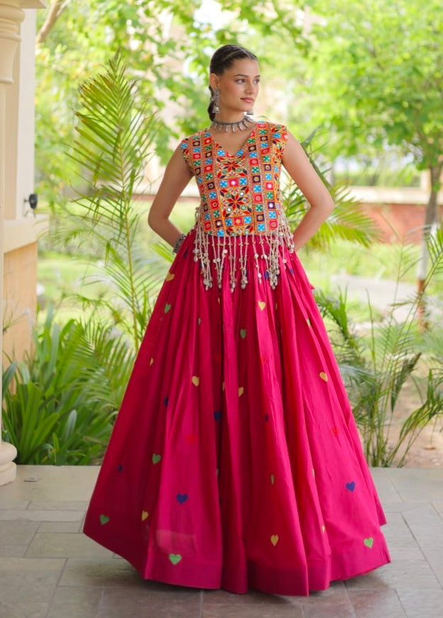 Pink Pure Kora Cotton Multi Thread Gotta Patti Mirror Work Navratri Lehenga Choli