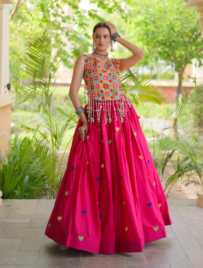 Pink Pure Kora Cotton Multi Thread Gotta Patti Mirror Work Navratri Lehenga Choli