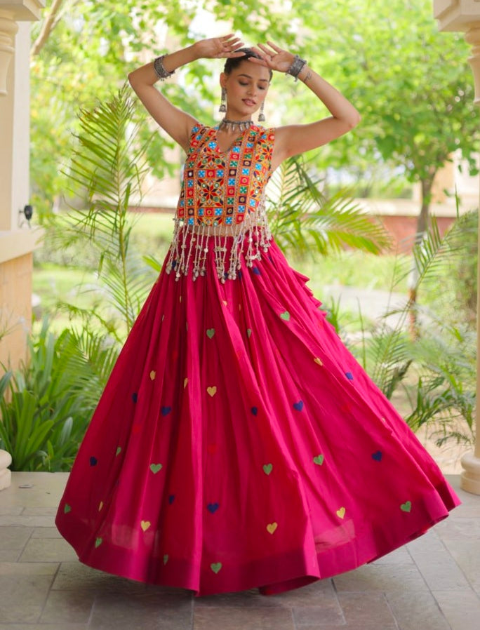 Pink Pure Kora Cotton Multi Thread Gotta Patti Mirror Work Navratri Lehenga Choli