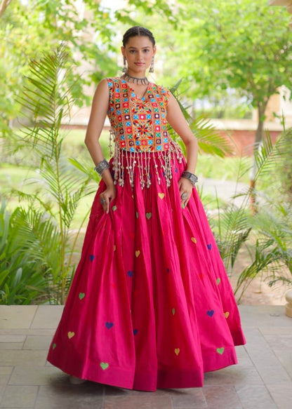 Pink Pure Kora Cotton Multi Thread Gotta Patti Mirror Work Navratri Lehenga Choli
