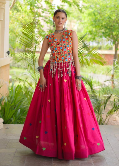 Pink Pure Kora Cotton Multi Thread Gotta Patti Mirror Work Navratri Lehenga Choli