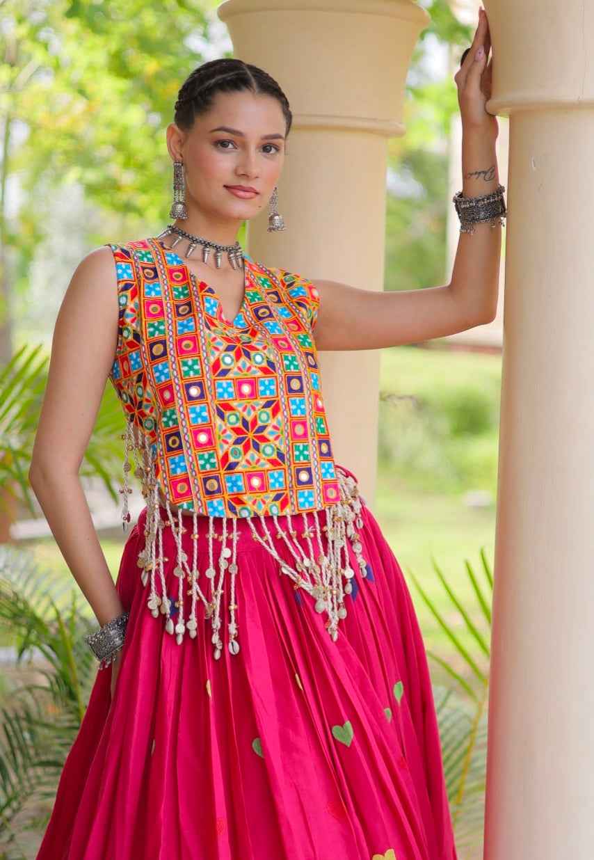 Pink Pure Kora Cotton Multi Thread Gotta Patti Mirror Work Navratri Lehenga Choli