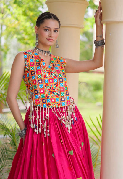 Pink Pure Kora Cotton Multi Thread Gotta Patti Mirror Work Navratri Lehenga Choli