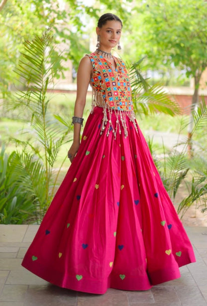 Pink Pure Kora Cotton Multi Thread Gotta Patti Mirror Work Navratri Lehenga Choli