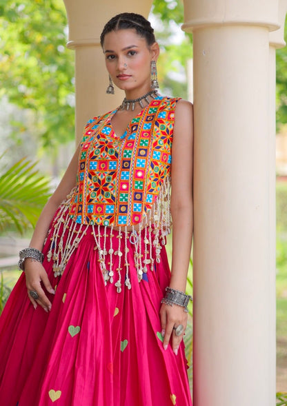 Pink Pure Kora Cotton Multi Thread Gotta Patti Mirror Work Navratri Lehenga Choli