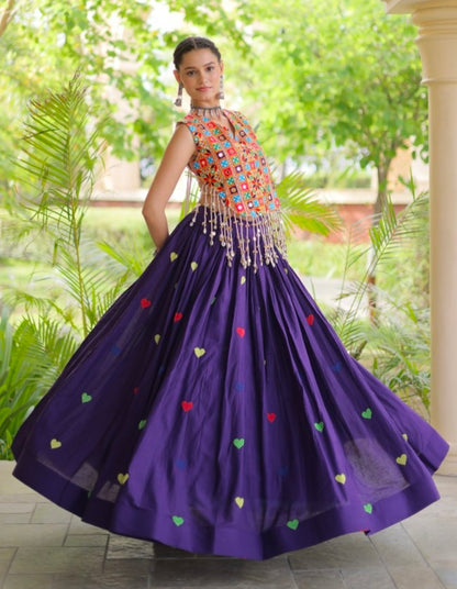 Purple Pure Kora Cotton Multi Thread Gotta Patti Mirror Work Navratri Lehenga Choli