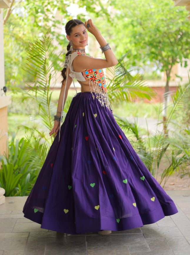 Purple Pure Kora Cotton Multi Thread Gotta Patti Mirror Work Navratri Lehenga Choli