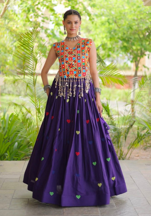 Purple Pure Kora Cotton Multi Thread Gotta Patti Mirror Work Navratri Lehenga Choli