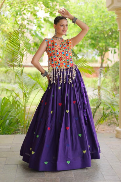 Purple Pure Kora Cotton Multi Thread Gotta Patti Mirror Work Navratri Lehenga Choli