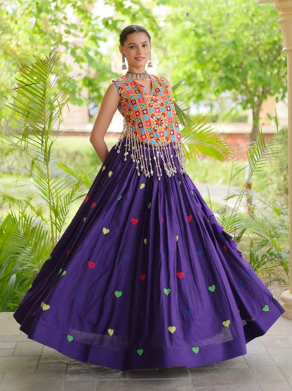 Purple Pure Kora Cotton Multi Thread Gotta Patti Mirror Work Navratri Lehenga Choli