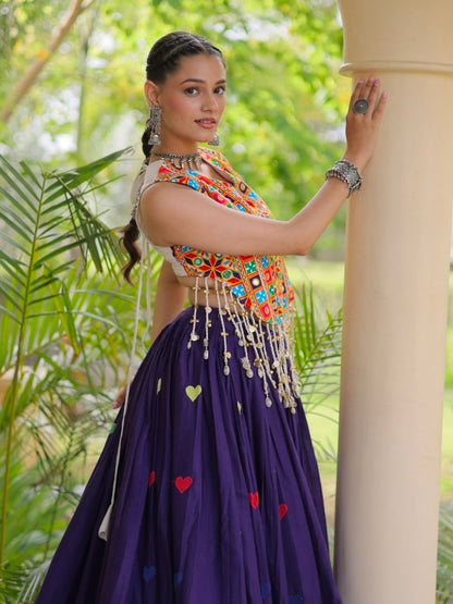 Purple Pure Kora Cotton Multi Thread Gotta Patti Mirror Work Navratri Lehenga Choli