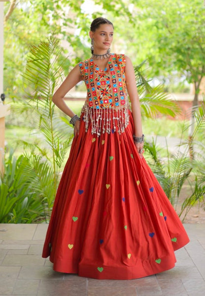 Rust Pure Kora Cotton Multi Thread Gotta Patti Mirror Work Navratri Lehenga Choli