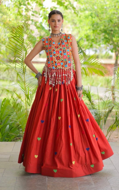 Rust Pure Kora Cotton Multi Thread Gotta Patti Mirror Work Navratri Lehenga Choli