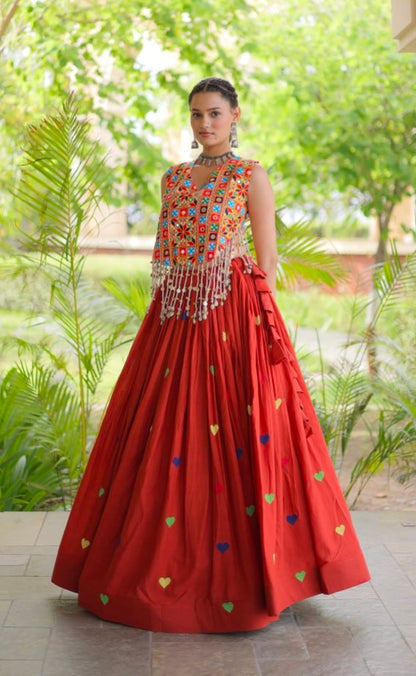 Rust Pure Kora Cotton Multi Thread Gotta Patti Mirror Work Navratri Lehenga Choli
