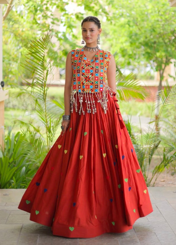 Rust Pure Kora Cotton Multi Thread Gotta Patti Mirror Work Navratri Lehenga Choli