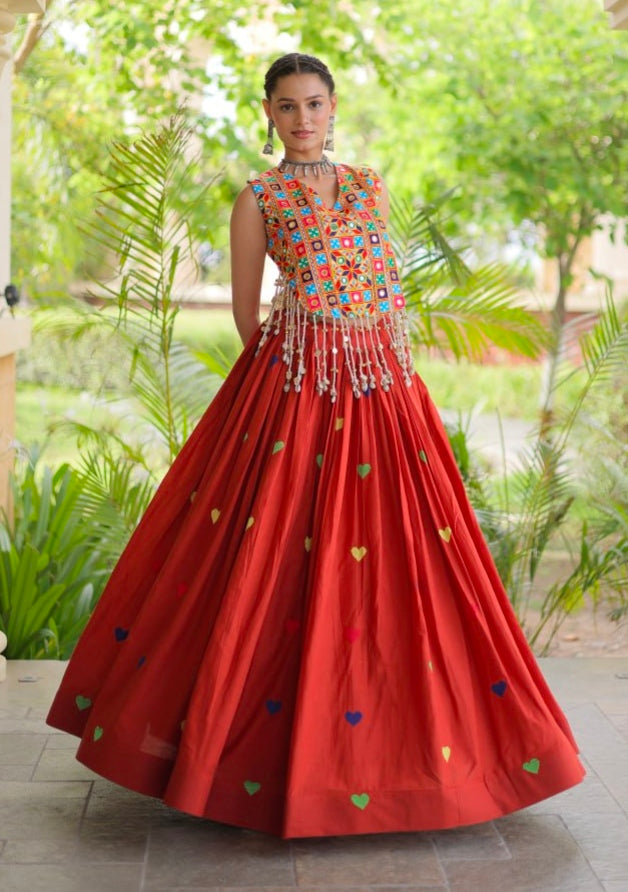 Rust Pure Kora Cotton Multi Thread Gotta Patti Mirror Work Navratri Lehenga Choli
