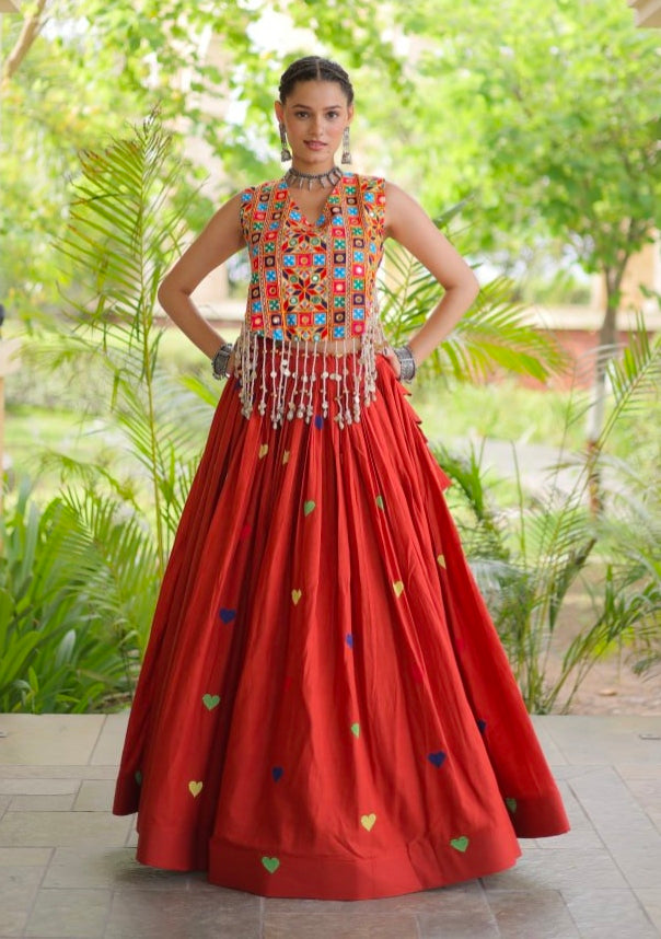 Rust Pure Kora Cotton Multi Thread Gotta Patti Mirror Work Navratri Lehenga Choli