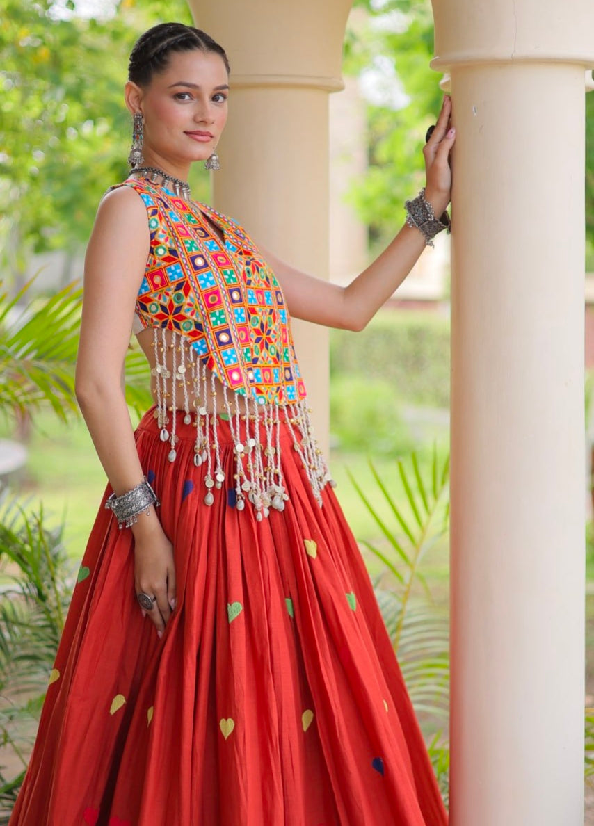 Rust Pure Kora Cotton Multi Thread Gotta Patti Mirror Work Navratri Lehenga Choli