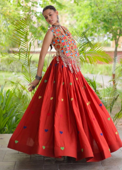 Rust Pure Kora Cotton Multi Thread Gotta Patti Mirror Work Navratri Lehenga Choli