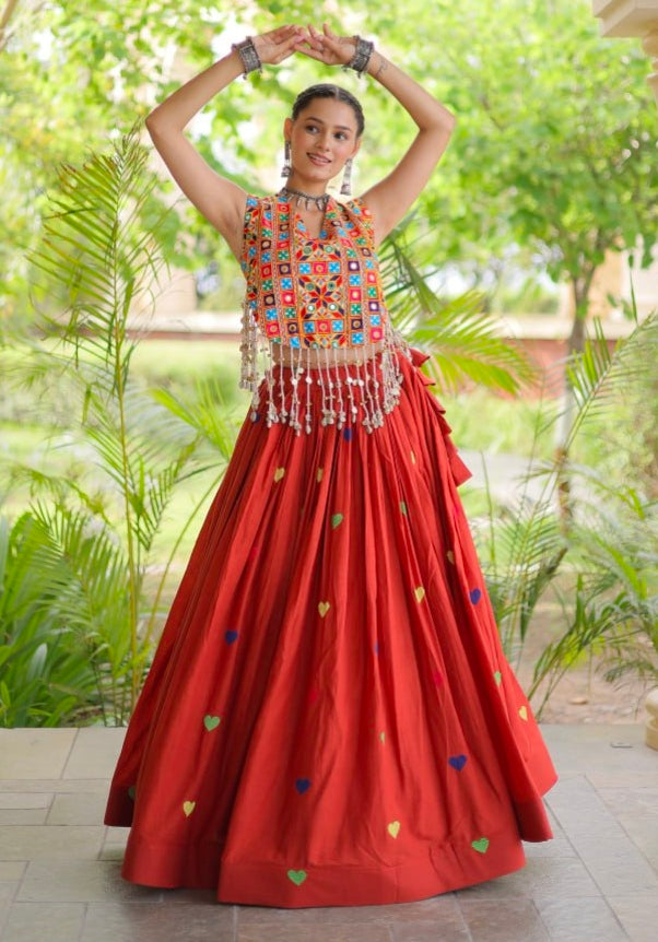 Rust Pure Kora Cotton Multi Thread Gotta Patti Mirror Work Navratri Lehenga Choli
