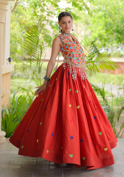 Rust Pure Kora Cotton Multi Thread Gotta Patti Mirror Work Navratri Lehenga Choli
